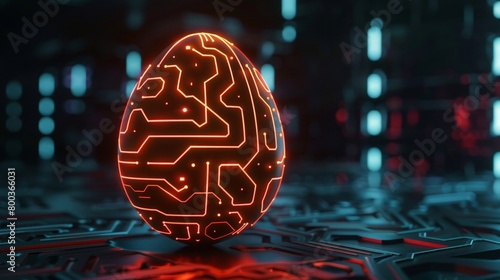 A neon circuit pattern emanating from within an egg, set against a dark, technologyinspired background to highlight its uniqueness photo