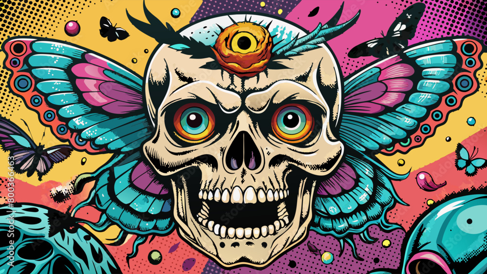 Obraz premium A vibrant skull in the centre, decorated with a pattern of colourful butterfly wings on either side of the head. The background is interspersed with various bubble shapes and smaller butterflies.AI ge