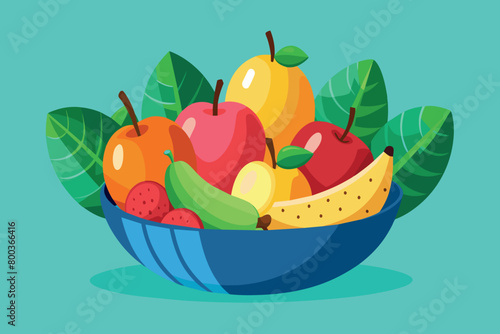 A bowl of fruit with a blue background