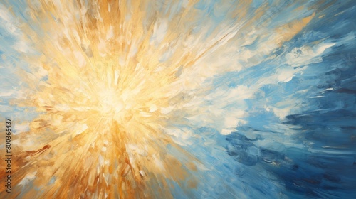 Closeup of abstract rough gold blue sun explosion painting texture  with oil brushstroke  pallet knife paint on canvas - Art background illustration