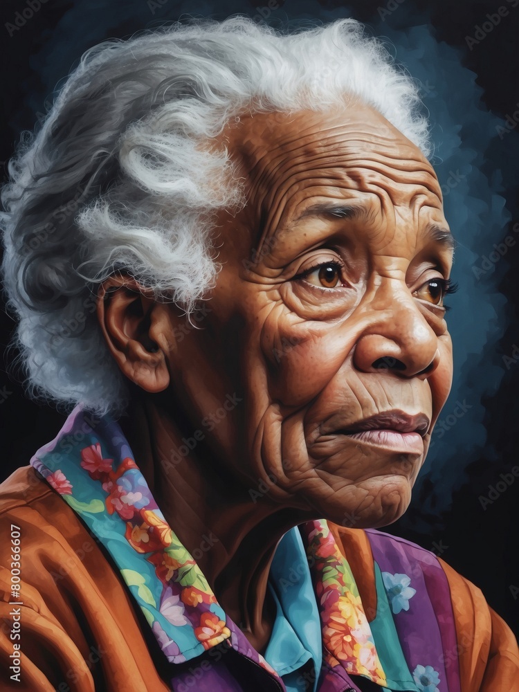 Artistic portrayal of dementia in elderly African American, conveying the dissolution of cognitive coherence.