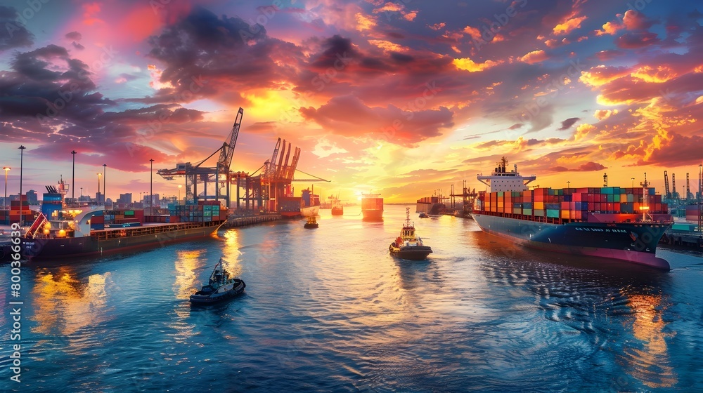 Vibrant Industrial Port at Dusk A Symphony of Cargo Ships and Cranes against a Warm Sunset Sky Generative ai