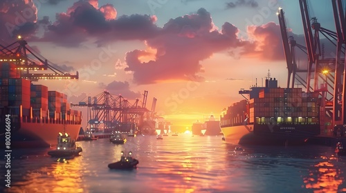 Industrial Port in Glowing Twilight A Dynamic Symphony of Commerce and Transport Generative ai