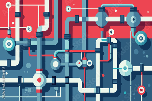 A blue and red background with pipes and valves