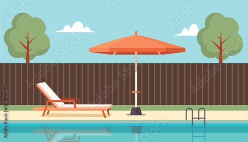 Swimming pool background in flat style. Swimming pool in hotel or resort with parasol and beach chair. Vector stock