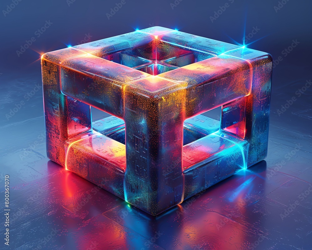 A glowing 3D cube made of glass-like material with bright highlights and a colorful background. A glowing 3D cube made of glass-like material with bright highlights and a colorful background.