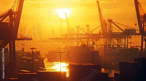 Global Trade Industry on Display Sunset at a Bustling Industrial Shipping Port Generative ai