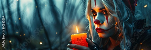 woman with white hair and clown makeup holds an orange candle in her hand, against the background of dark woods at night