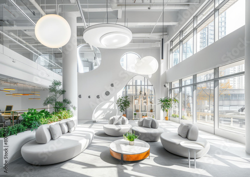 A spacious and bright office space with white walls, large windows, gray carpet flooring, high ceilings, circular skylights, grey sofa chairs, round coffee tables, plants on the wall © Kien