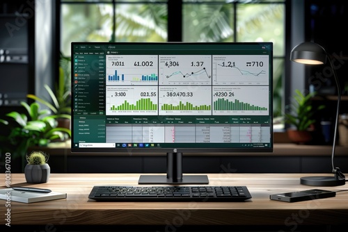 big widescreen monitor with charts and management dashboard in front of office desk professional photography