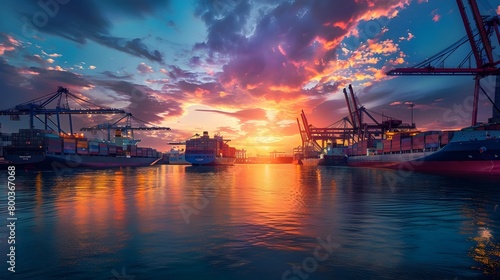 Global Trade Hub in Vibrant Sunset Activity A Shipping Ports Dynamic Cargo Terminal Generative ai