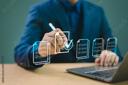 Review online approval, digital research. Document audit inspection, business asset analysis concept. Man inspects data, file check checklist online survey. Efficient document form project management