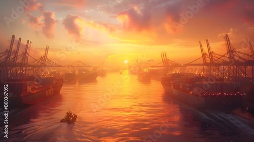 Global Trade Hub in Vibrant Sunset Activity Industrial Shipping Port Showcase Generative ai
