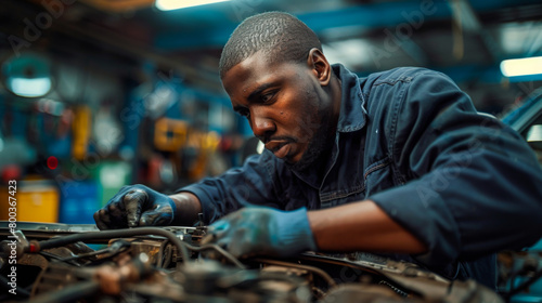 Portrait of a mechanic working on a car in an auto repair shop. A worker is rebuilding an engine over an open hood. Concept of work, automotive industry.