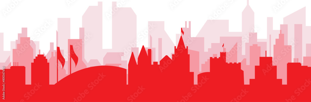 Red panoramic city skyline poster with reddish misty transparent background buildings of CARDIFF, UNITED KINGDOM