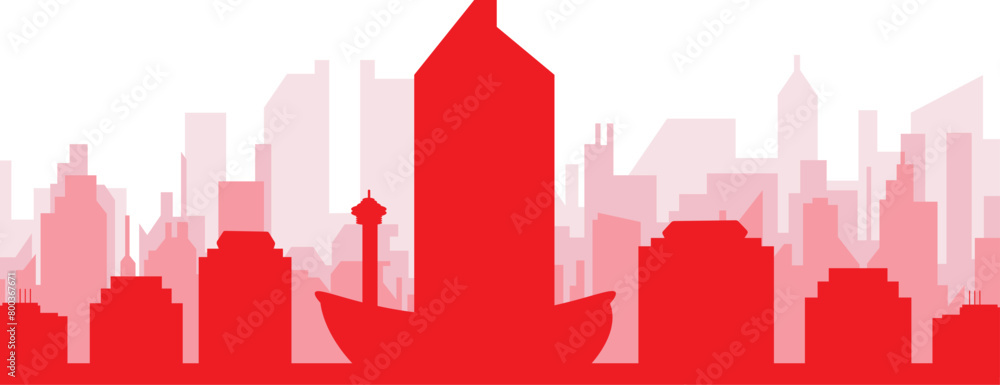 Red panoramic city skyline poster with reddish misty transparent background buildings of CALGARY, CANADA