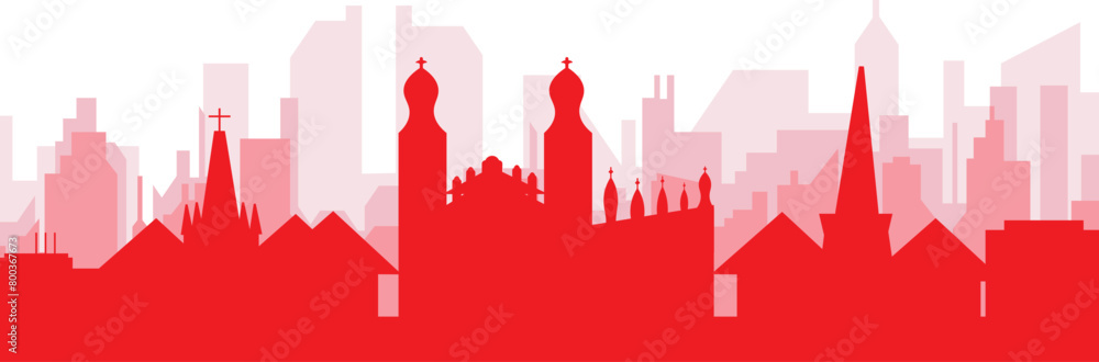 Obraz premium Red panoramic city skyline poster with reddish misty transparent background buildings of CAMBRIDGE, UNITED KINGDOM