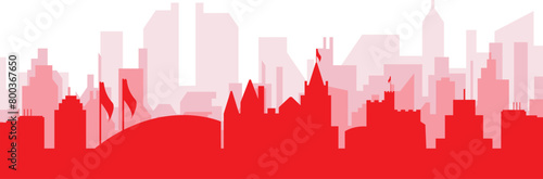Red panoramic city skyline poster with reddish misty transparent background buildings of CARDIFF, UNITED KINGDOM