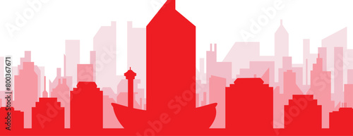 Red panoramic city skyline poster with reddish misty transparent background buildings of CALGARY  CANADA