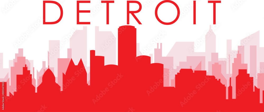Red panoramic city skyline poster with reddish misty transparent background buildings of DETROIT, UNITED STATES Red panoramic city skyline poster with reddish misty transparent background buildings of DETROIT, UNITED STATES