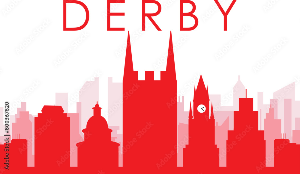 Red panoramic city skyline poster with reddish misty transparent background buildings of DERBY, UNITED KINGDOM Red panoramic city skyline poster with reddish misty transparent background buildings of DERBY, UNITED KINGDOM