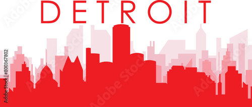 Red panoramic city skyline poster with reddish misty transparent background buildings of DETROIT, UNITED STATES