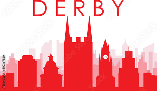 Red panoramic city skyline poster with reddish misty transparent background buildings of DERBY, UNITED KINGDOM