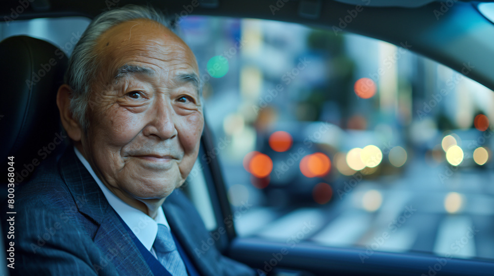 Retirement , Experience ,an old Asian businessman sitting in the car with a smile, Retirement , Experience ,an old Asian businessman sitting in the car with a smile,