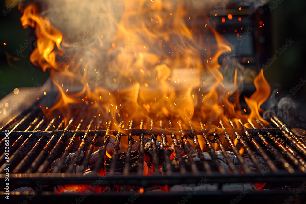 close up of barbeque grill with Hot orange flames and smoke rise from a charcoal grill close up of barbeque grill with Hot orange flames and smoke rise from a charcoal grill