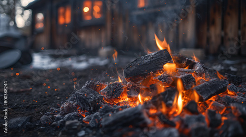 Close up of burning coals in the foreground against background of wooden wall and wood stove with steam inside modern design traditional sami ice heavy Asian style house photo