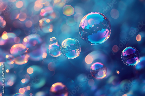 Iridescent bubbles floating in a tranquil abyss, reflecting fragmented visions of reality. photo
