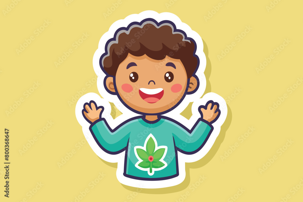 A cartoon boy with a green leaf on his shirt is smiling A cartoon boy with a green leaf on his shirt is smiling