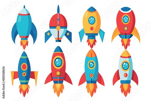 A set of colorful rockets are shown in various positions