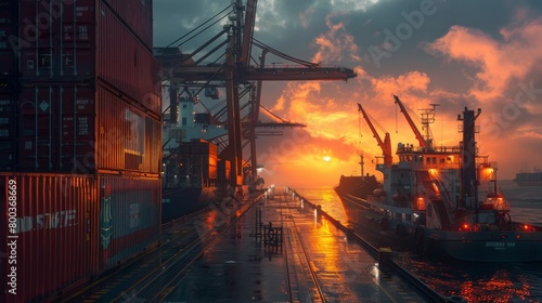 Loading a commercial cargo ship at dawn, with a focus on the crane operators cabin.