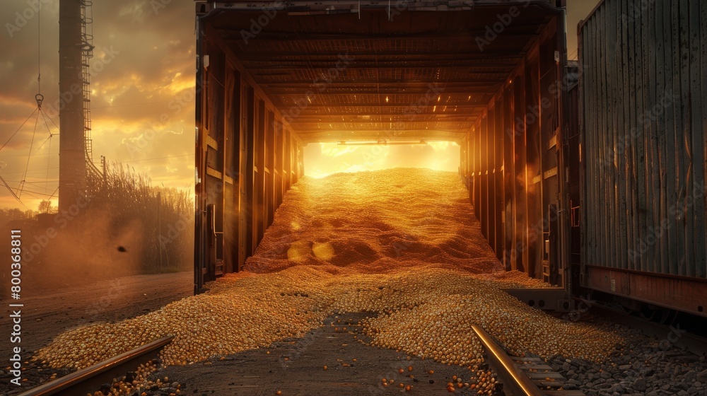 Loading bulk corn into a freight container at dawn, ready for export. Loading bulk corn into a freight container at dawn, ready for export.