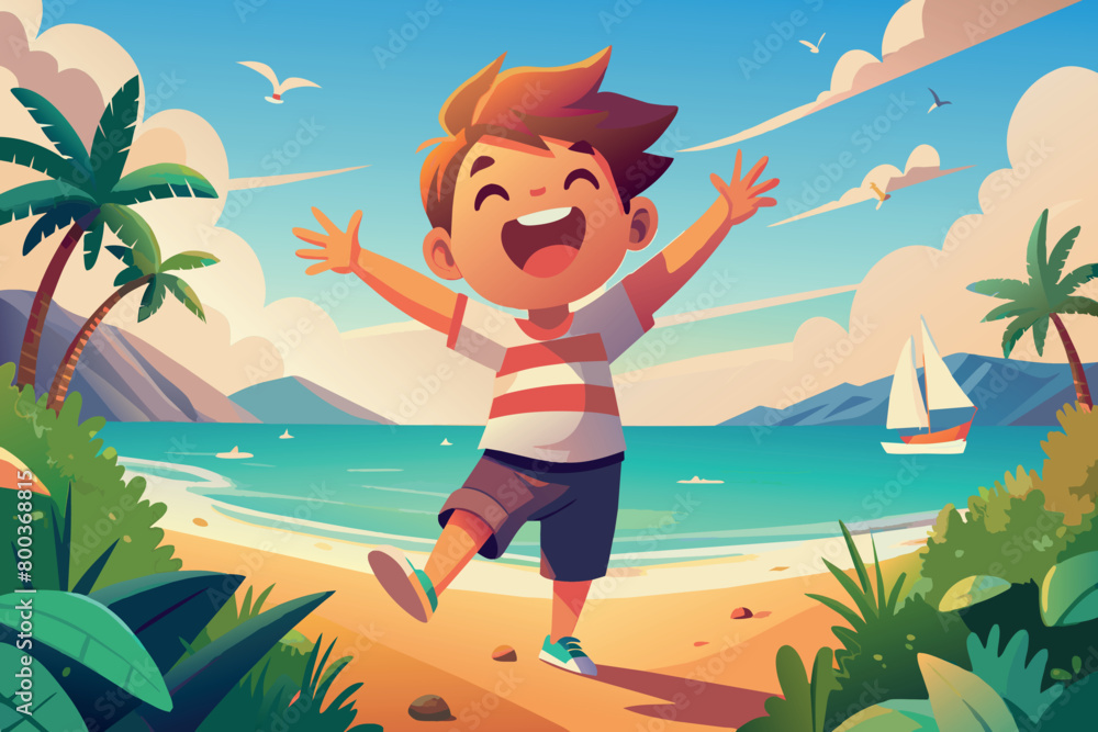 A boy is standing on the beach with his arms raised and a big smile on his face