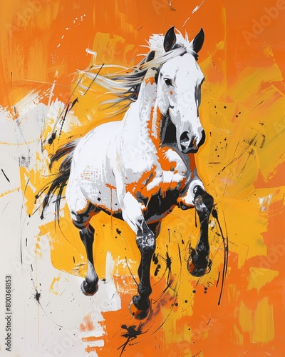 A wild horse captured in midgallop within an orange canvas  the painting evoking the freedom and power of nature