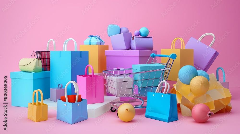 A variety of shopping bags and gift boxes in pastel colors. The image has a pink background and a soft, dreamy feel. A variety of shopping bags and gift boxes in pastel colors. The image has a pink background and a soft, dreamy feel.