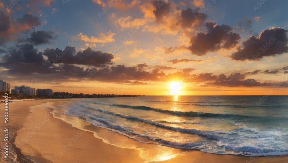 Beachfront sunset panorama, A breathtaking view of the sun sinking below the horizon by the sea.