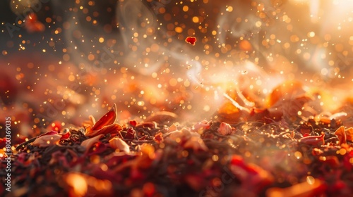 Macro shot of tea leaves steeping in hot water  highlighting the release of color and aroma.