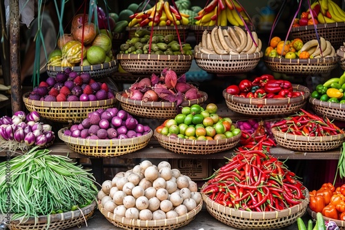 Asian Traditional Market , full of fruits ,vegetables, spices