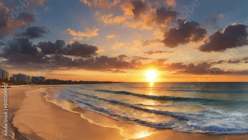 Beachfront sunset panorama  A breathtaking view of the sun sinking below the horizon by the sea.