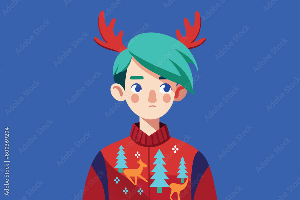 A young man wearing a red sweater with a Christmas tree and deer on it