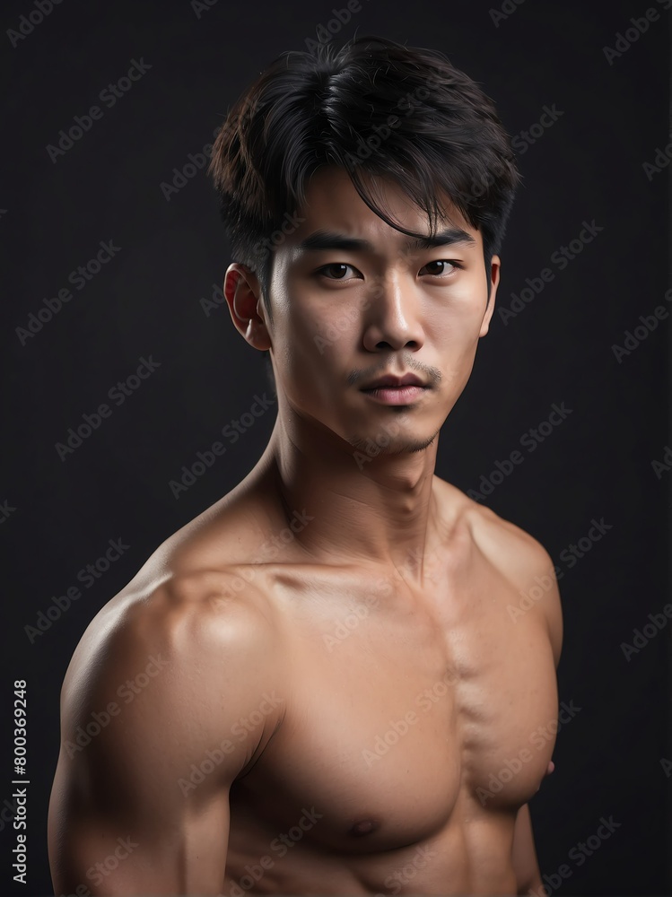 plain black background close-up portrait of handsome asian guy from Generative AI