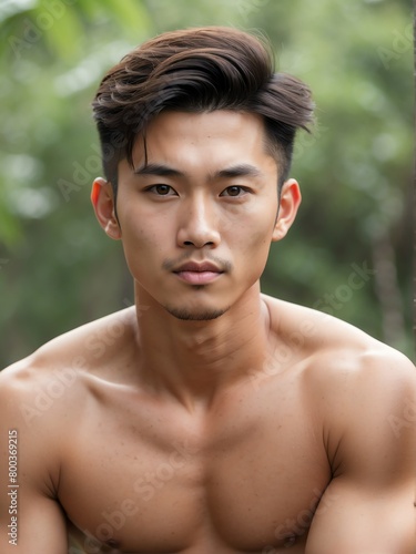 outdoors background close-up portrait of handsome asian guy from Generative AI