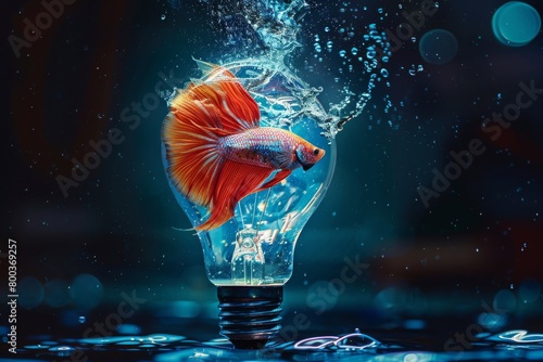 Imagine a surreal scene where a Siamese Fighting Fish swims inside an illuminated light bulb filled with water. Water splashes out of the bulb, creating a dynamic and captivating effect. The scene is 