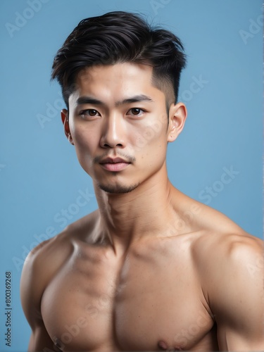 plain blue background close-up portrait of handsome asian guy from Generative AI