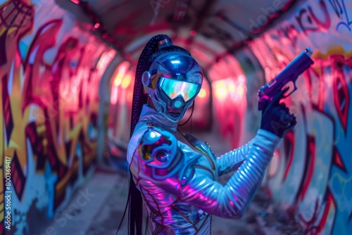 Produce a hyper-realistic image featuring a beautiful masked woman adorned in a futuristic metallic costume with a stained glass effect, and a reflective visor. She stands with confidence, posing in a