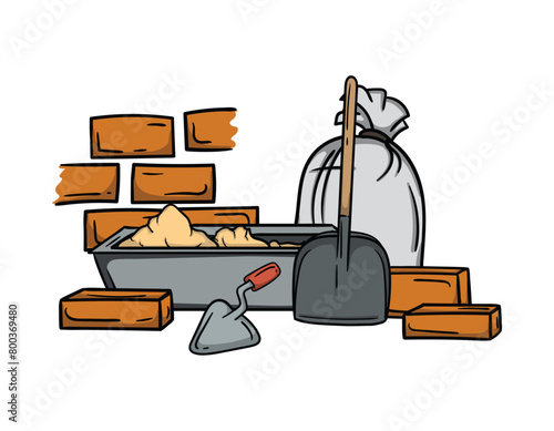 Construction and renovation. Bright vector editable illustration with brick wall, shovel, construction mixtures and tools