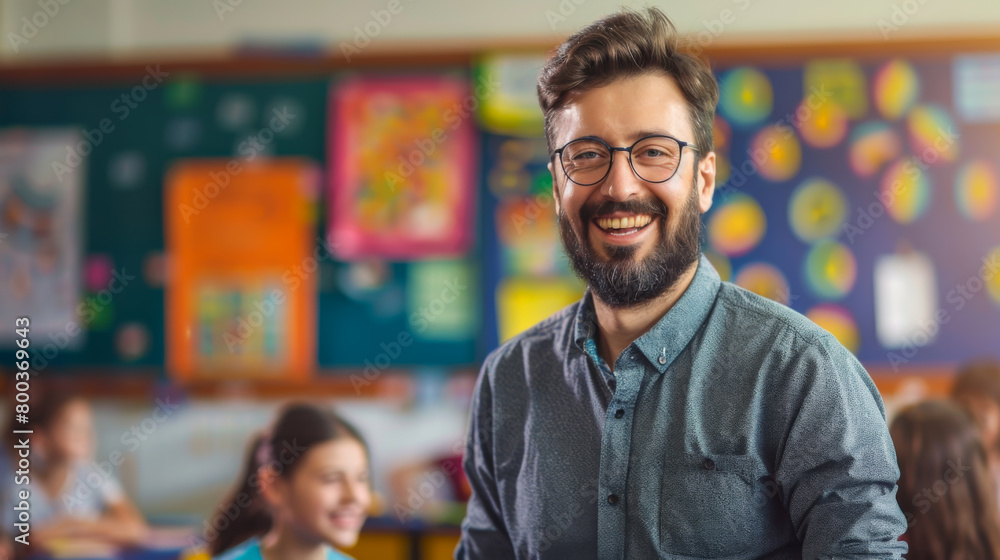 Fototapeta premium Portrait of a happy teacher standing in the middle of a bright classroom. A young male teacher is teaching young children. Education concept.
